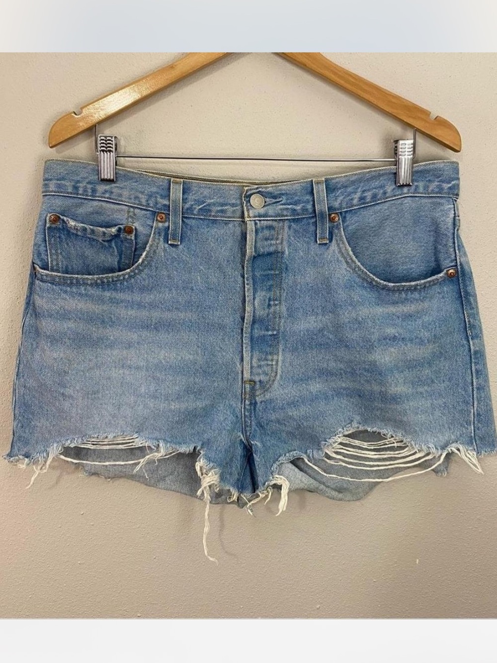 Levi 501 Light Blue Distressed Denim Shorts Size 33
